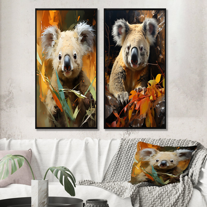 Koala Bush Retreat I - ensemble de 2 impressions sur toile Koala, H 32 po x l 33 po, Cadre flottant noir