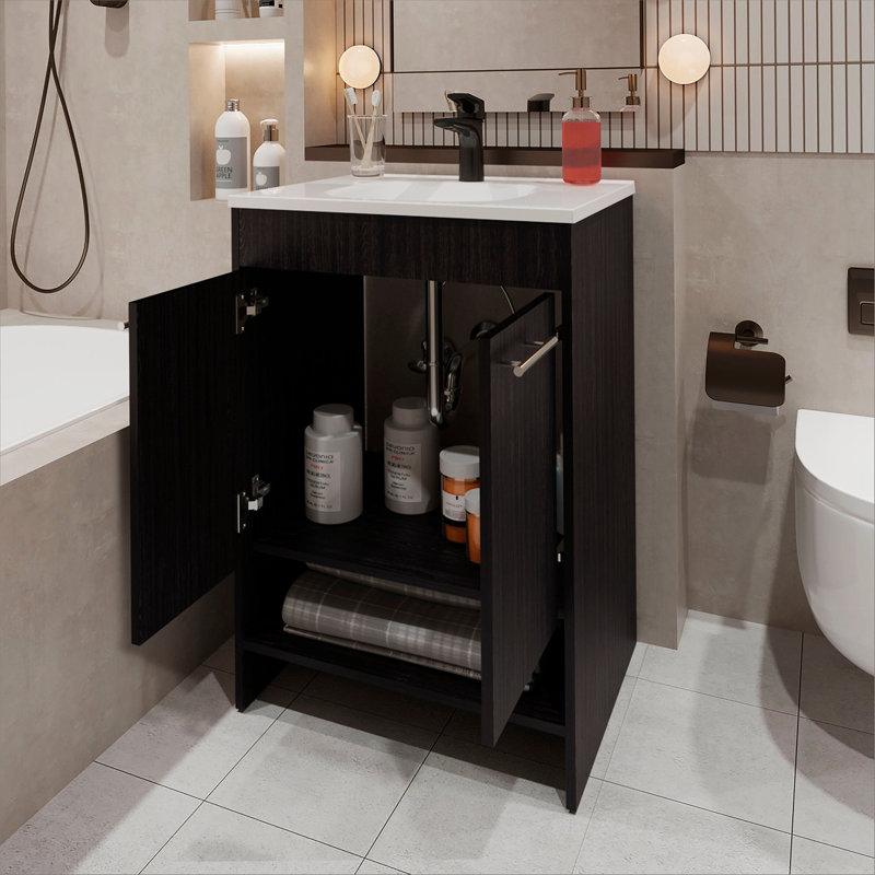 Meuble-lavabo 2 portes avec rangement ouvert, Wengé