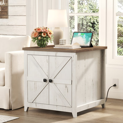Farmhouse End Table With Charging Station And Usb Ports, 24" Large Tabletop Side Table With Double Barn Doors, Wood Square Nightstand For Living Room, Office, Bedroom, Rustic White