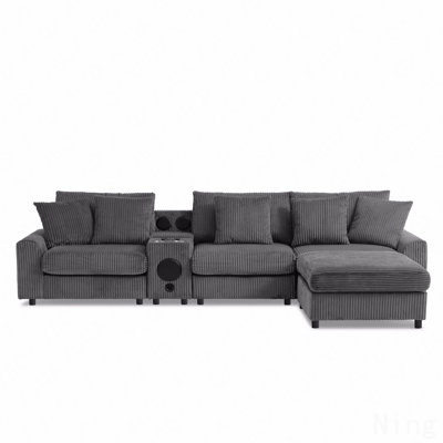 112*64'' Corduroy Sectional Sofa With Bluetooth Speakers,L-Shaped Couch With Console,Usb Charger,Cup Holders,Storage,Ottoman,Deep And Wide Seat Cloud Sofa For Living Room&Apartment