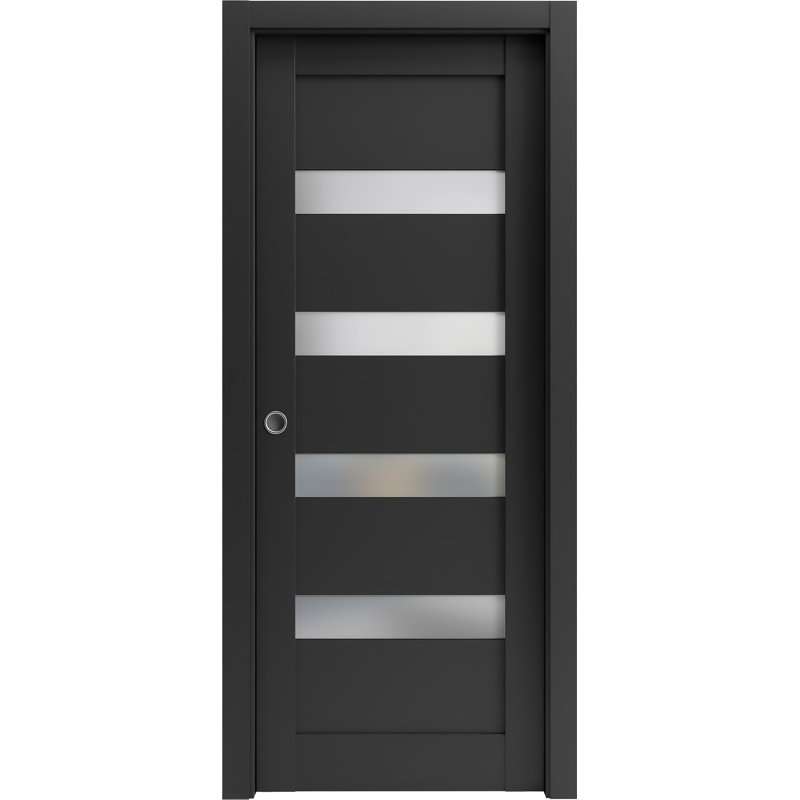 Porte coulissante à panneaux escamotables Panel Lite 30 x 80 avec cadres Quadro 4113 Noir mat avec verre opaque dépoli, garnitures, rails et quincaillerie inclus. Bois massif. Intérieur, garde-manger, cuisine, chambre à coucher, placard. Portes robustes.