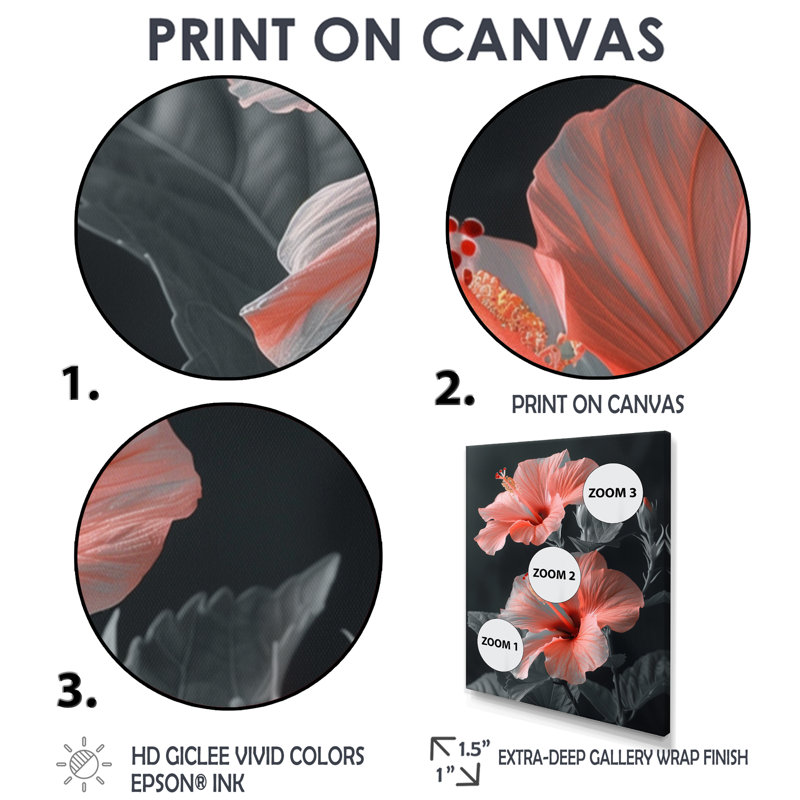 Hibiscus rose, gris, tropical, tentation - Hibiscus, Cadre simple blanc, H 34 po x l 44 po