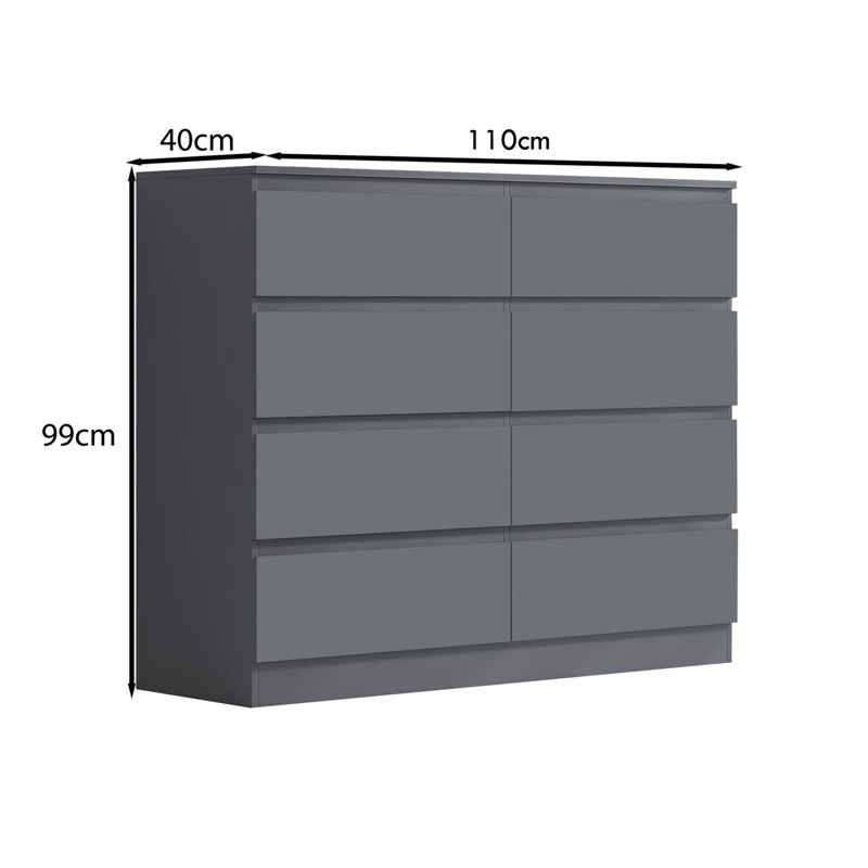 FWStyle Derck 8 Drawer Wide 4+4 Chest Of Drawers - Matt Dark Grey