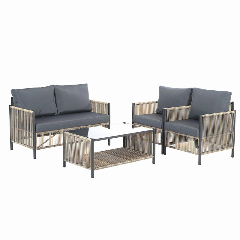 New Comming Patio 4 Pieces Brown PE Wicker Sofa Set with Grey Cushion