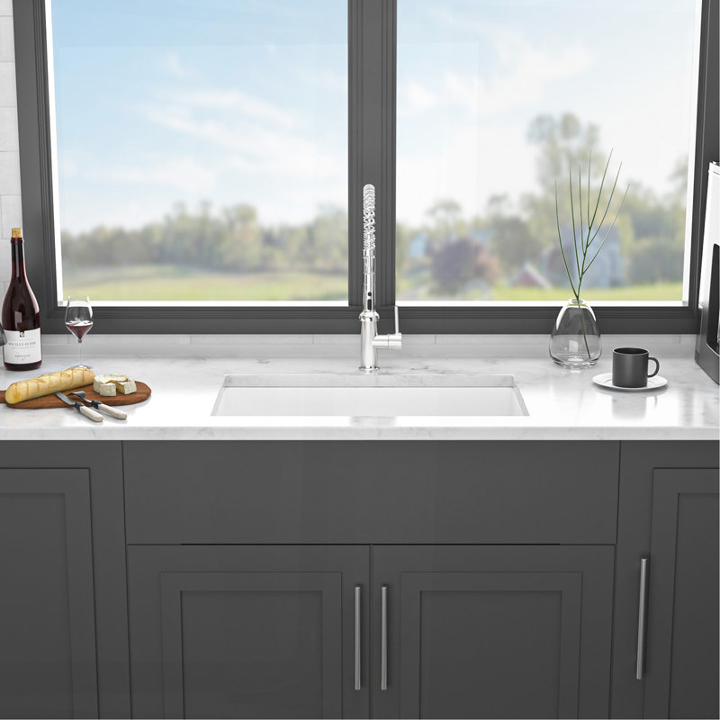 32" Undermount Single Bowl Ceramic Kitchen Sink - Dual Mount White Ceramic Rectangular Deep Single Bowl Sink Basin