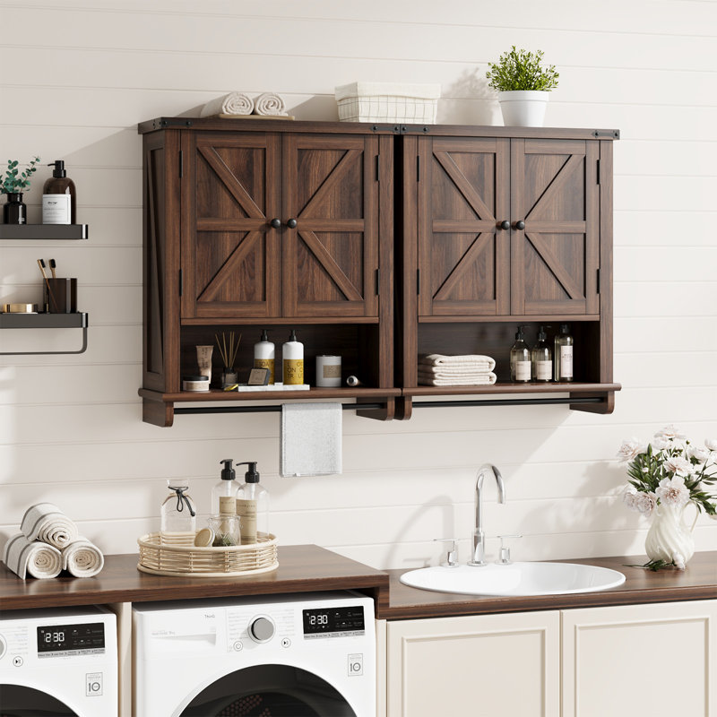 23" W Wall Mounted Bathroom Cabinet with 2 Doors and Open Shelf, Dark Walnut