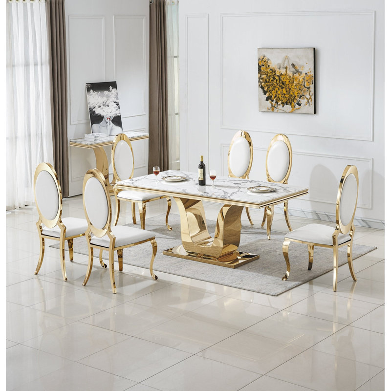 Table de salle à manger Burdell Dt3102, Blanc / Blanc, Doré