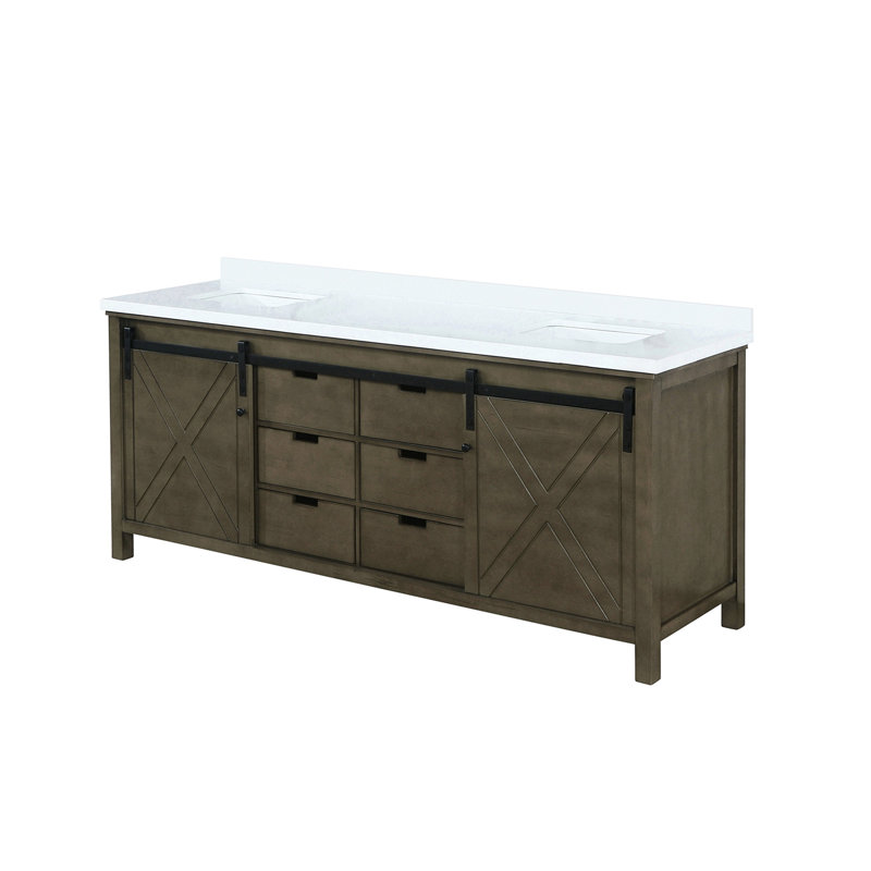 84 po Largeur du meuble-lavabo double brun rustique avec profondeur 22, comptoir en quartz blanc, structure en bois massif, mécanisme de fermeture en douceur, deux armoires et six tiroirs de rangement, comptoir à teinture, pré