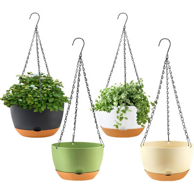 4 Pack Hanging Planter For Plants Indoor,8 Inch Plant Pot Outdoor Plastic Hanging Baskets With Drainage Holes And Chain For Garden Porch Plants(White+Black+Green+Beige)