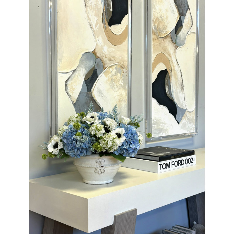 Hydrangeas, Viburnum and Astilbe Arranged in Ceramic Vase