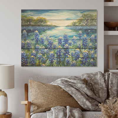 «Calming Blue Bonnets Floral Field I - Flower Field», art mural sur bois de pin naturel