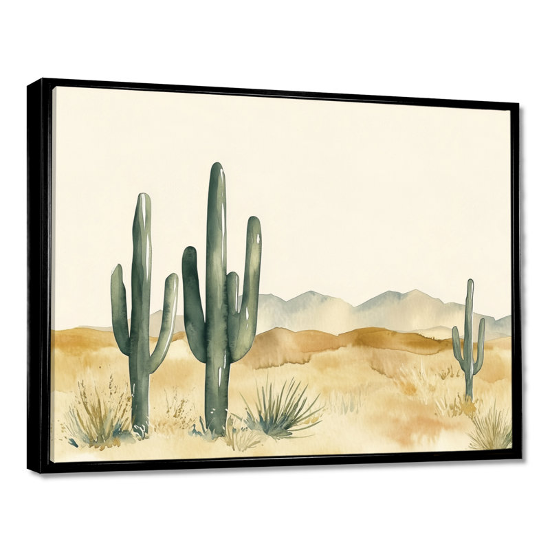 «Soft Desert Cactus I», art mural encadré vert, H 34 po x l 44 po, Cadre flottant noir