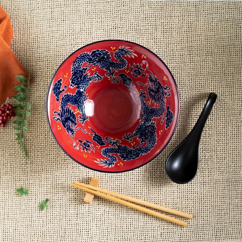 Bol à riz en céramique avec cuillère à soupe et ensemble de repos Red Dragon King