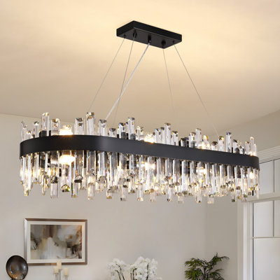 Kacy 16-Light Dimmable Modern Matte Black Rectangle Chandelier with Crystal Accents for Kitchen Island Dining Room