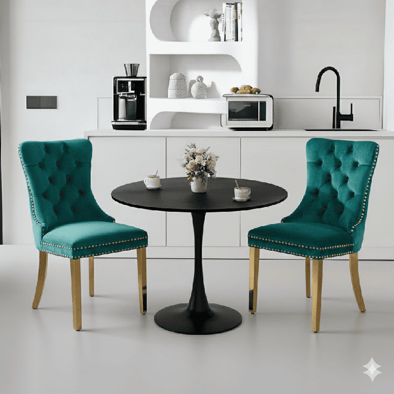 Round Dining Table Sets with 2 chairs, Black, Green/Gold