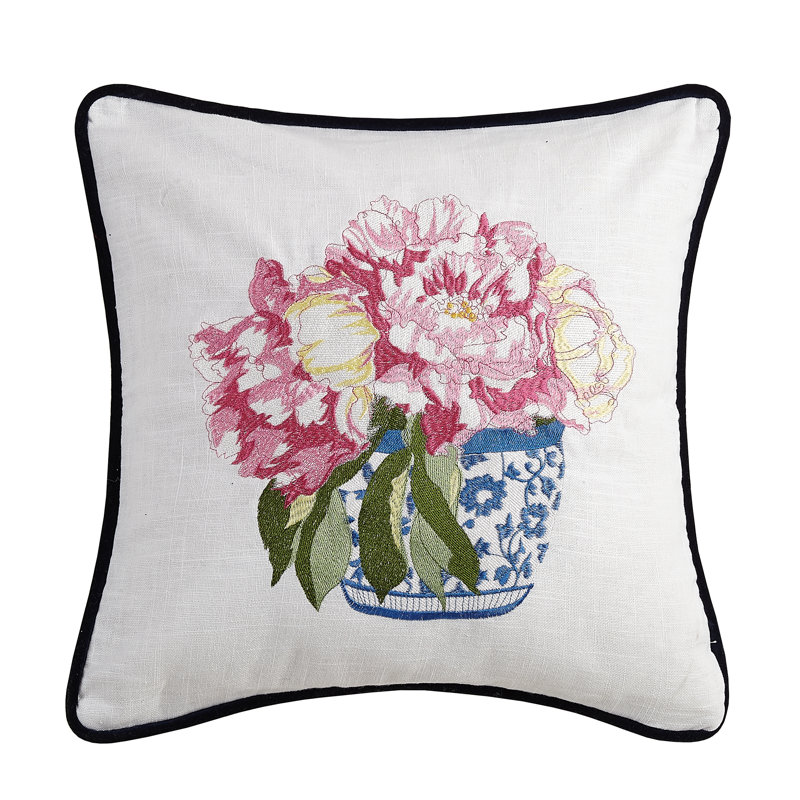 Housse et insert de coussin carré brodé jolie fleur et vase