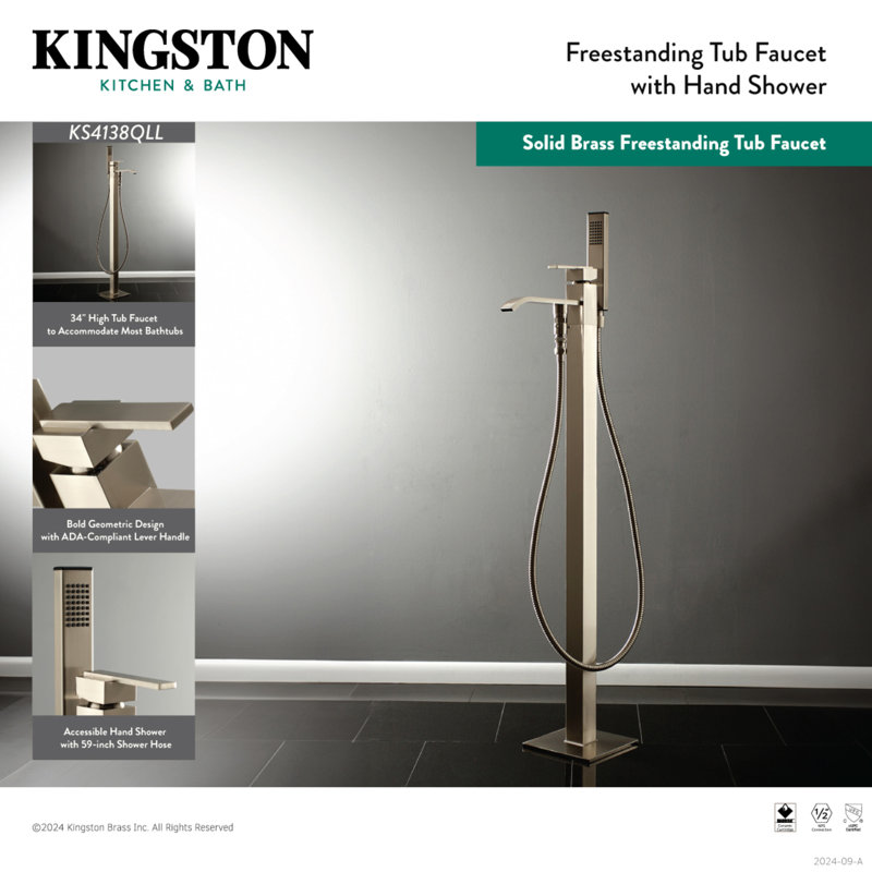 Kingston Brass Executive Single-Handle 1-Hole Freestanding Tub Faucet with Hand Shower, Polished Chrome