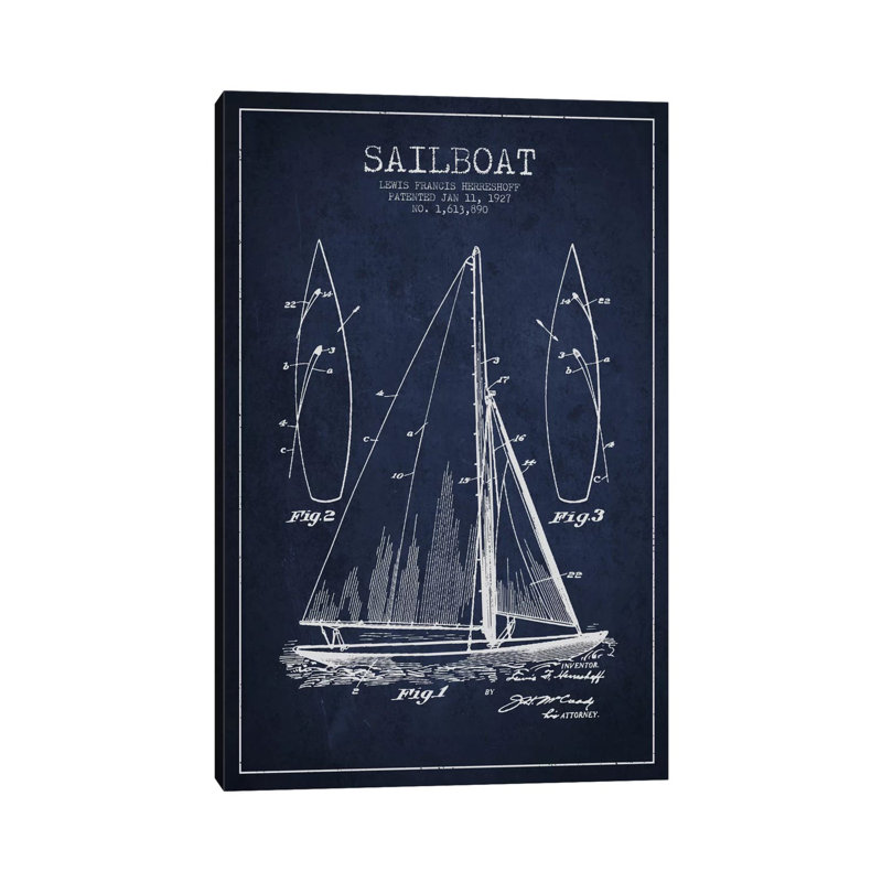 Sailboat III Navy Blue Patent Blueprint- Gallery-Wrapped Canvas Giclée