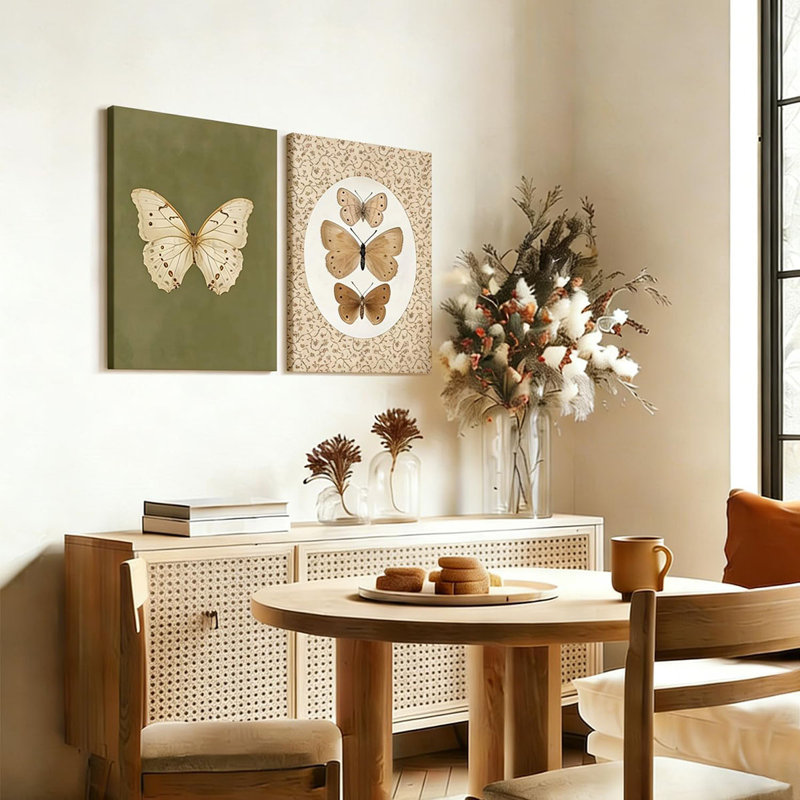2 pcs Vintage Butterfly Canvas Framed Wall Art Insect Farmhouse Art Poster