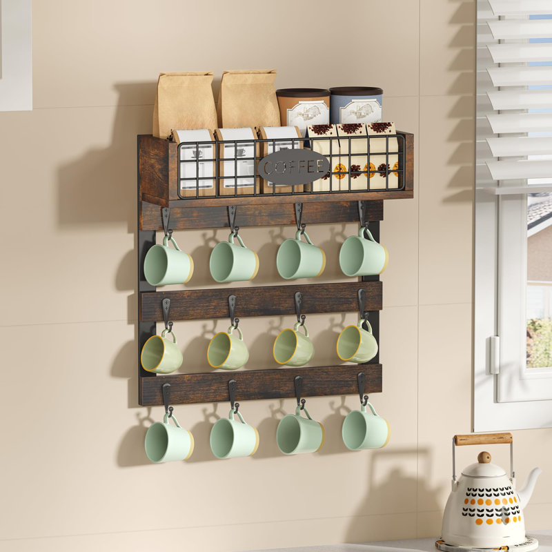 Wall-Mounted Mug Holder with 12 Hooks, Black