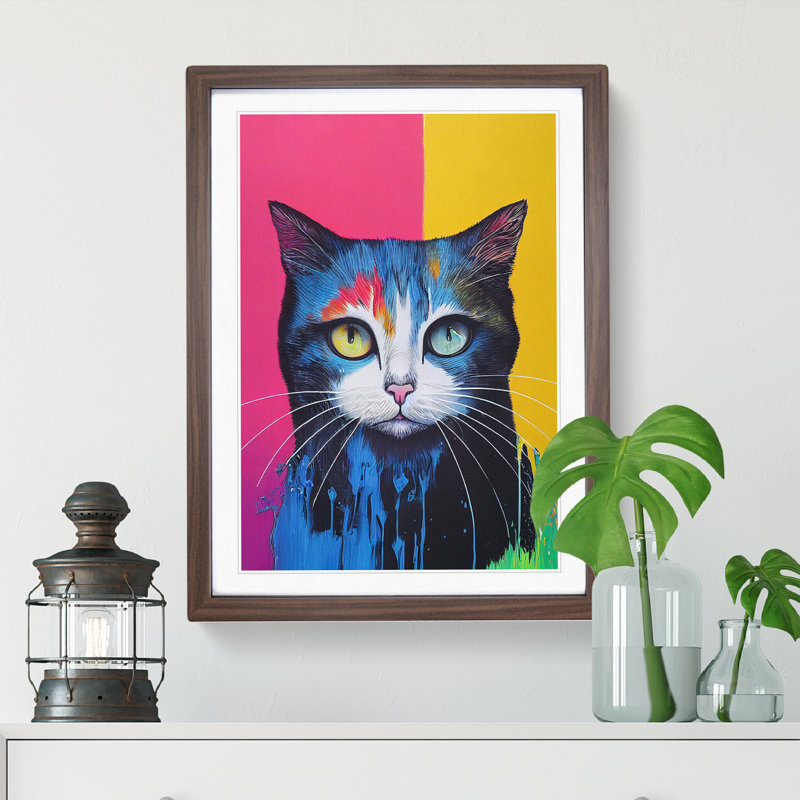 Cat Dripping No.2 - Single Picture Frame Print, 64cm H x 46cm W x 2cm D, Brown Framed