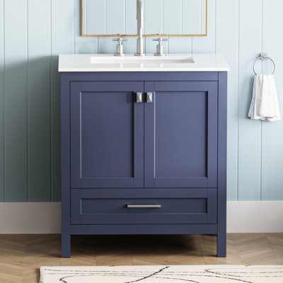 Meuble-lavabo de salle de bain - 30 po. Bleu marine 24V03-30Nb. Entièrement assemblé. Comptoir en marbre. Bois massif. Charnières. Rangement moderne. Profondeur 29,36 po x l 18,74 po, hauteur 34,43 po, avec armoire assemblée 92,32 lb