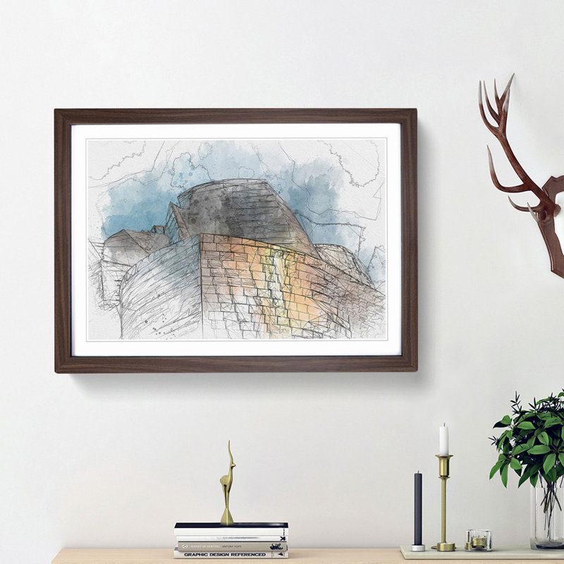 Architecture Sketch Vol.20 in Abstract - Picture Frame Graphic Art Print, 62cm H x 87cm W x 2cm D, Walnut Framed