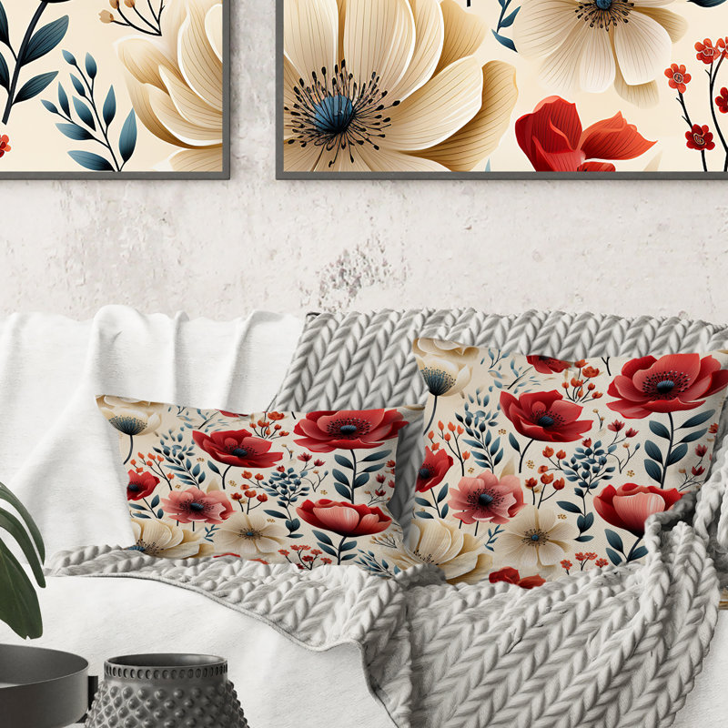 Watercolor Poppies Red And White Floral Pattern - Floral Printed Throw Pillow