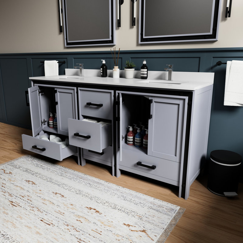 Meuble-lavabo double gris foncé de 72 po L avec plateau en quartz blanc et 30 miroirs - armoires et tiroirs, Gris foncé