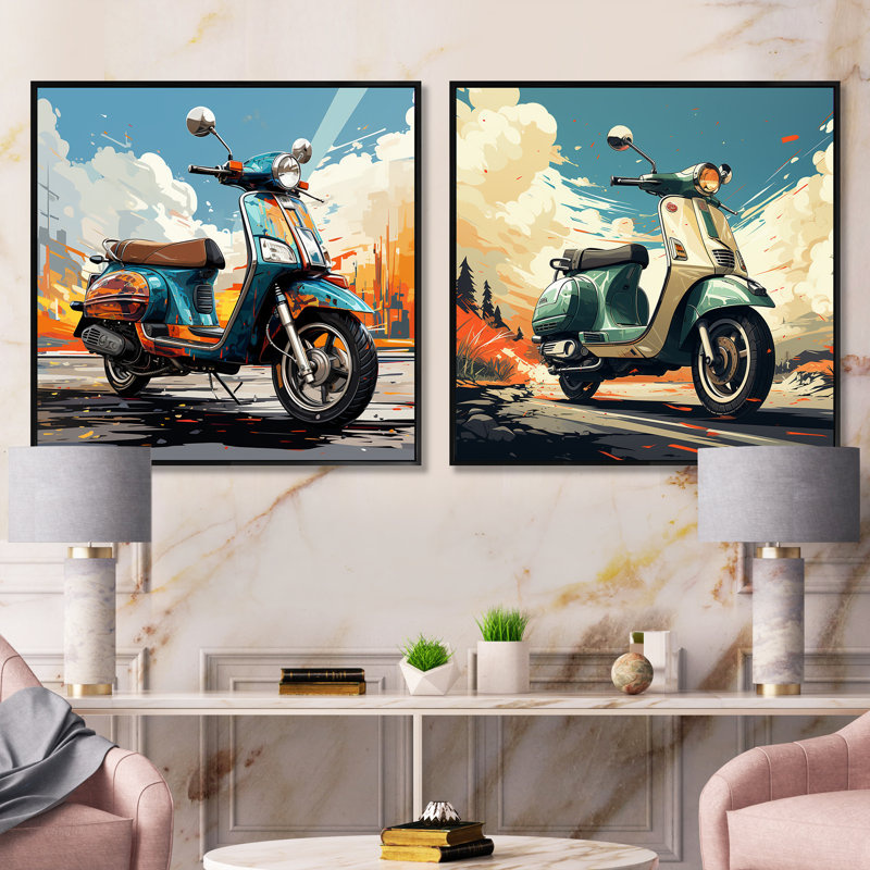 Edgy Scooter Odyssey - Ensemble de 2 collages carrés, Cadre flottant noir, H 16 po x l 33 po