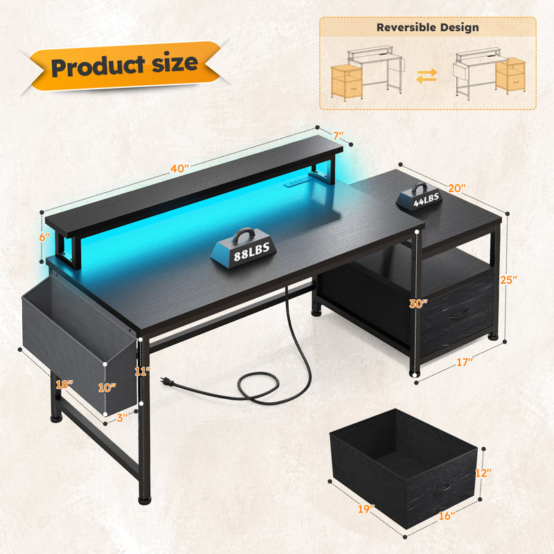 Black Desk With LED Lights And Monitor Shelf,Computer Desk With 2 Open Storage Shelves, Corner Desk With Drawer And Power Outlets For Small Home Office