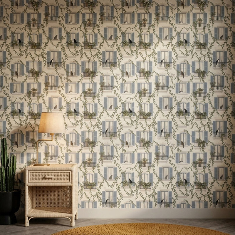 Papier peint pour fenêtres d'appartement parisien, motif de chats et de lierre, Textured Non-Pasted