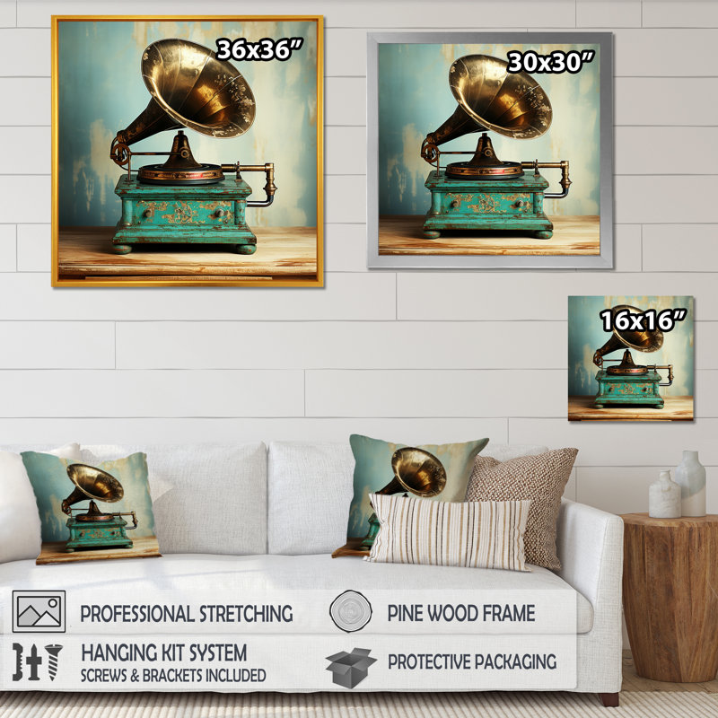 Rétro Phonographs Elegance I rétro - art mural Phonographs, Cadre simple noir, H 36 po x l 36 po x P 1,5 po