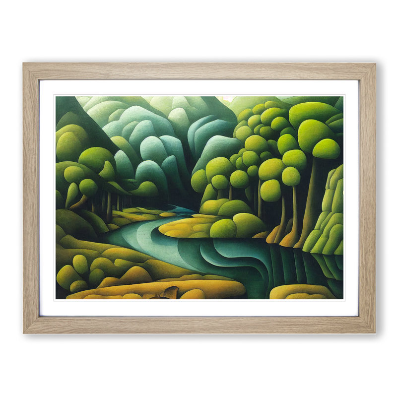 XH1022-6183X Modern Stream And Forest - Single Picture Frame Print, Oak Framed, 46cm H x 64cm W x 2cm D
