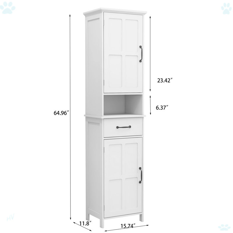 Double Door Narrow Height Slim Floor Standing Cabinet With 2 Adjustable Shelves, White