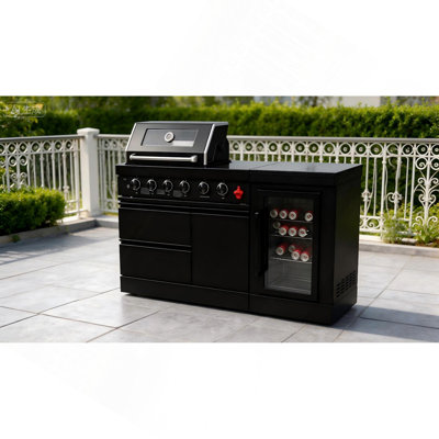 Îlot de cuisine de 65 pouces avec 4 brûleurs et 72 000 BTU de luxe en acier inoxydable pour barbecue au propane avec îlot de cuisine + réfrigérateur à vin compact + comptoirs en marbre