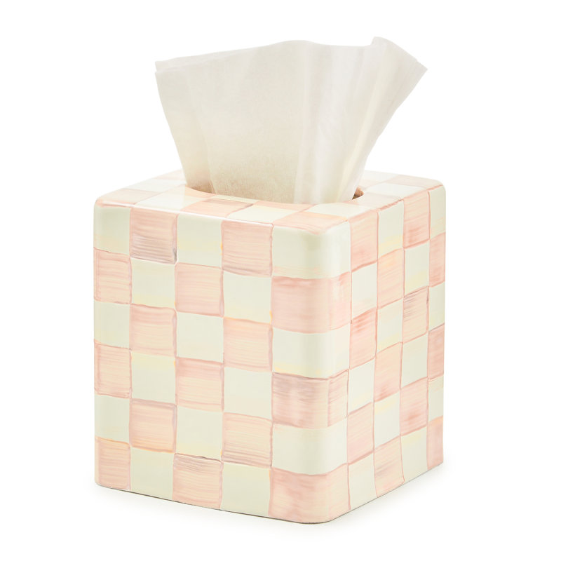 Hand-Painted Pink and White Ceramic Square Tissue Box Cover