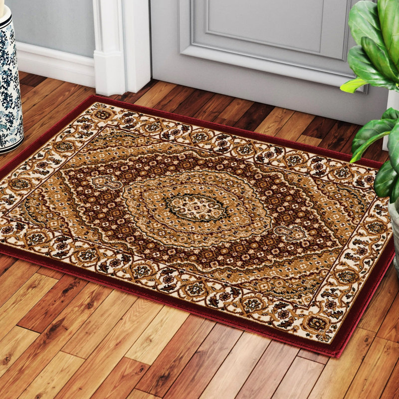 2 Ft. X 3 Red Area Rug, Luxury Traditional Design, 0.48 Pile For Under Furniture Machine-Made Polypropylene Suitable High Traffic Floors