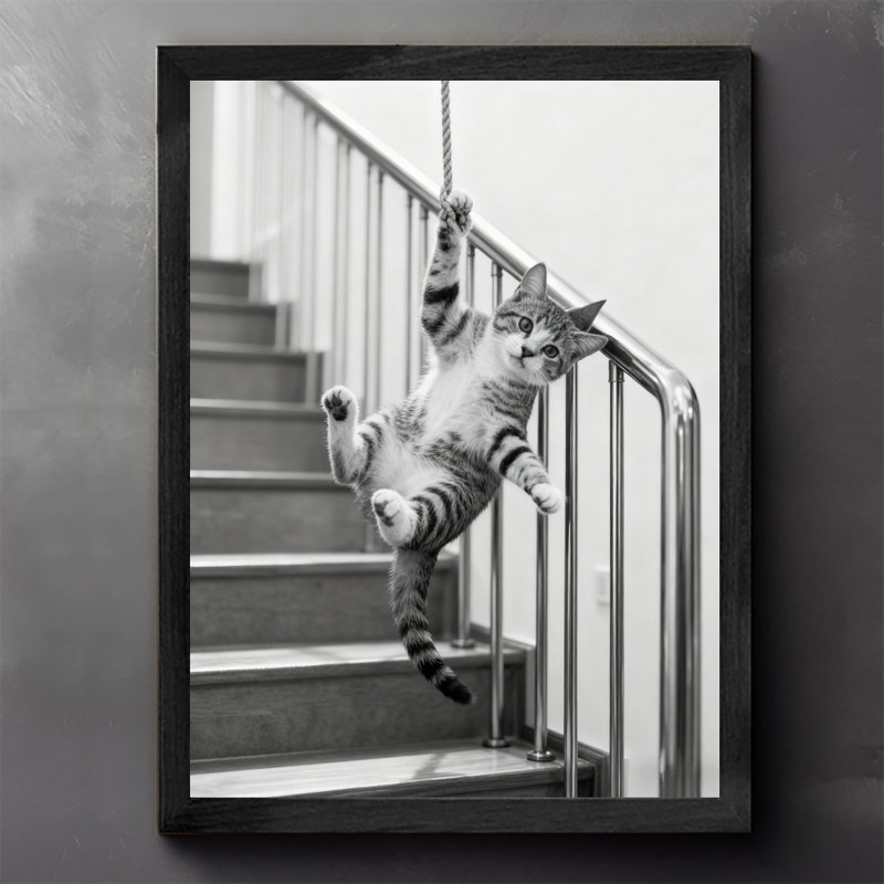 Reproduction d'art encadrée noire rétro sur fond gris par chats, H 25 po x l 17 po