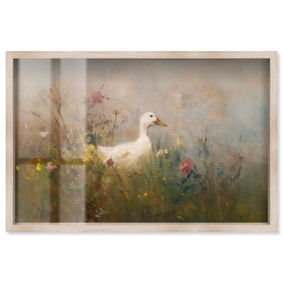 Duck in Wild Bloom Shadowbox Print Vintage Wall Decor by Art Remedy, Blonde Frame, 16 x 11