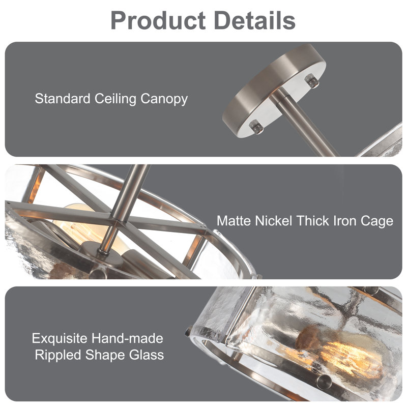 Plafonnier semi-encastré cylindrique en verre 2 lumières, Nickel
