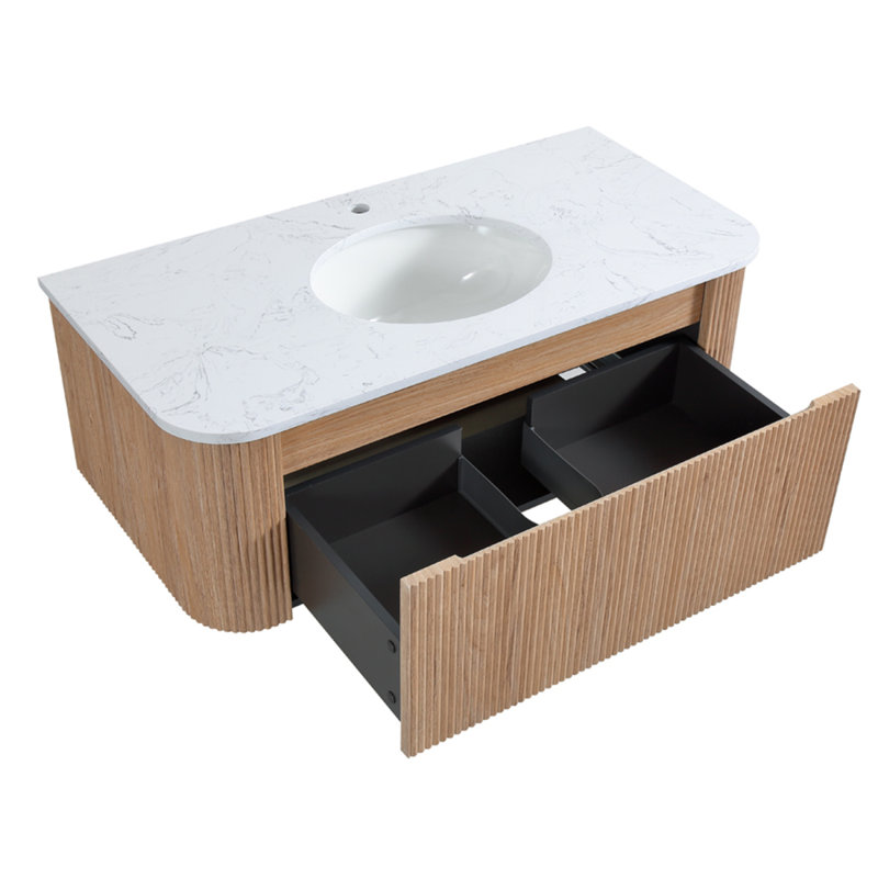Meuble-lavabo mural 42 po avec comptoir en marbre artificiel Cararra Arcora, évier en céramique, conception courbée avec rayures, pré-assemblé