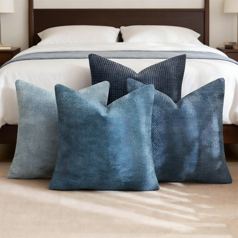 Set Of 4 18X18 Inch Blue Chenille Throw Pillow Covers, Coastal Farmhouse Boho Accent For Sofa, Neutral Blue