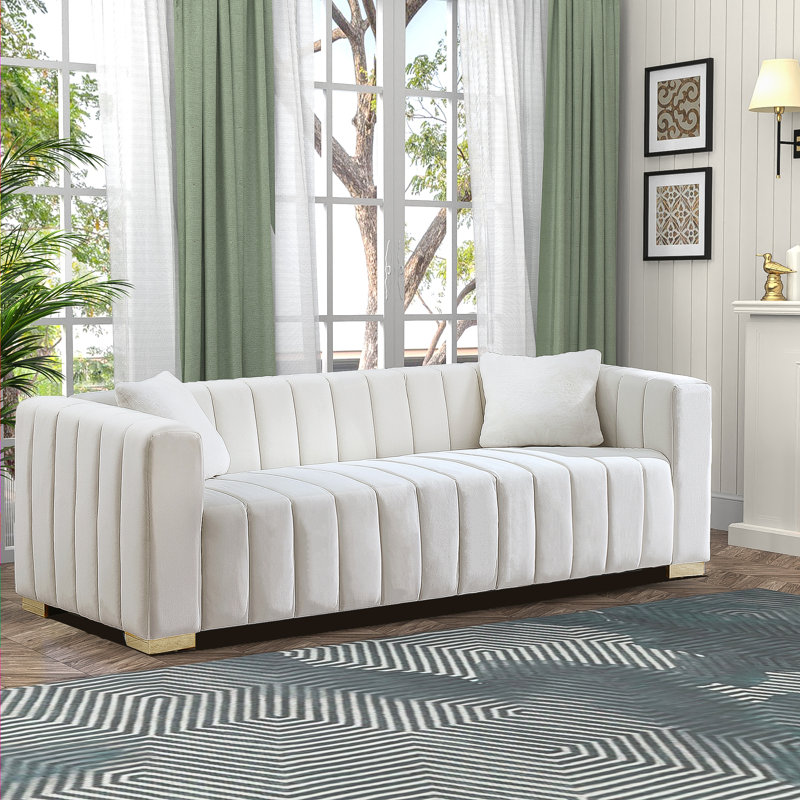 Clifford 87'' Luxury Velvet Sofa with 2 Pillows, Modern Channel-Tufted Couch with High-Density Foam Cushion for Living Room, White