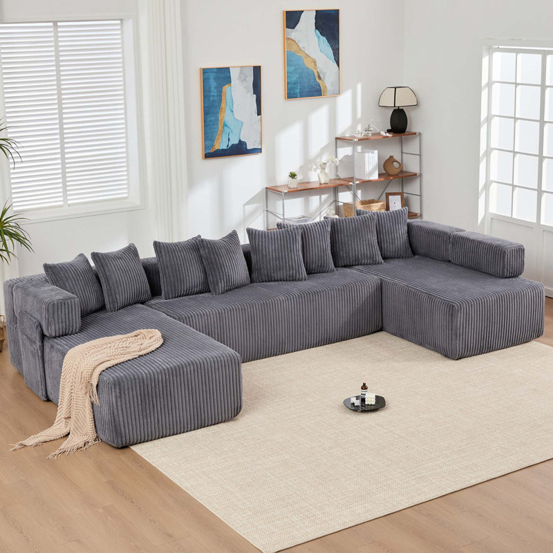 Canapé modulaire en U de 146 pouces, canapé-lit convertible avec 8 coussins, sans assemblage, conception modulaire surdimensionnée, tissu en velours côtelé, gris foncé