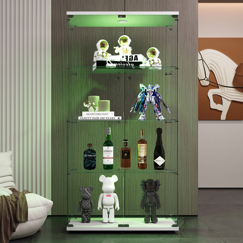 Vitrine de plancher en verre 4 tablettes avec lumières DEL et 2 portes, vitrine en verre, Blanc, 64.7" H x 31.7" W x 14.3" D