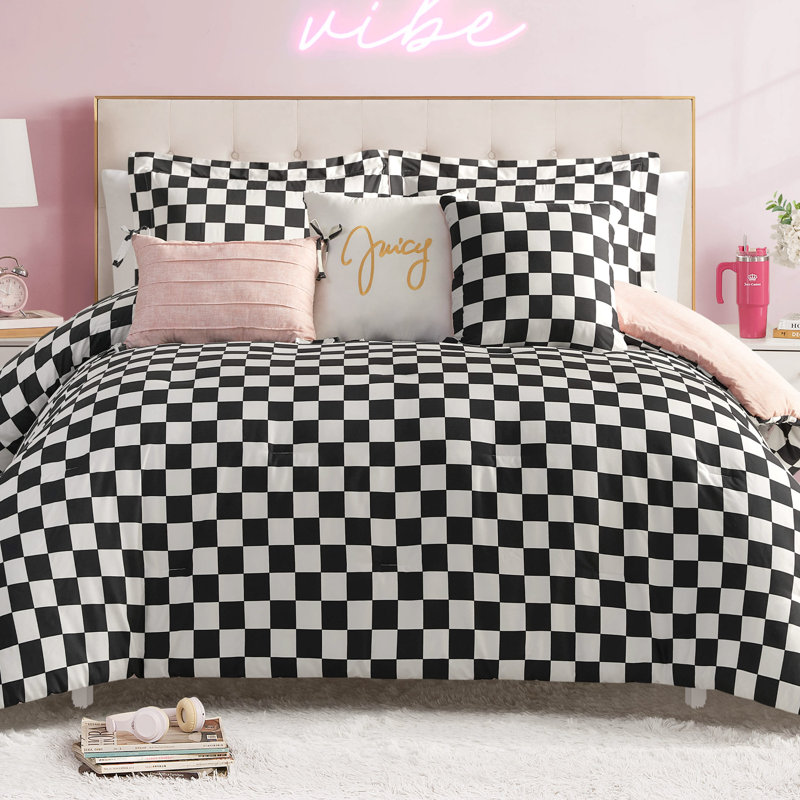 Juicy Couture Checkerboard Comforter Sets, Queen Comforter + 5 Additional Pieces, Black/White
