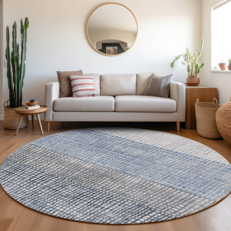 Tapis bleu intérieur / extérieur lavable à la machine Xhevrie, Rond 8 pi