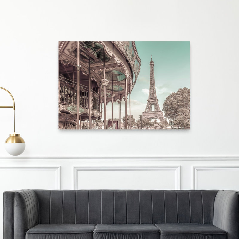 Eiffel Tower Carousel Dream Retro Vintage Abstract Architecture City Wall Art Print, 40" H x 60" W