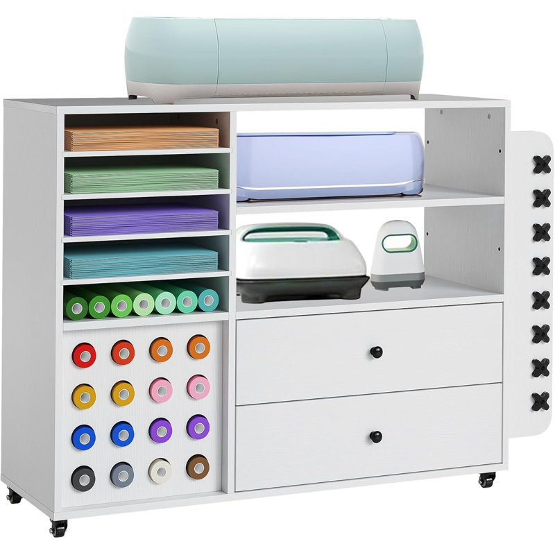 Craft Organization And Storage Cabinet ,Compatible With Cricut Machines Cricut Cart With 2 Drawers & 24 Vinyl Roll Holder, Craft Station Cricuts Accessories Storage Organizer